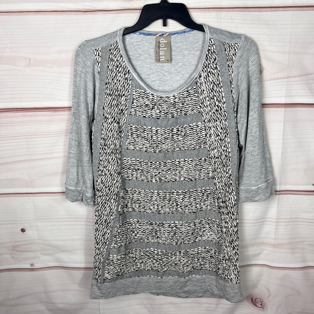 Dolan Top Womens XL Gray Embroidered Knitted T-Shirt Tunic 3/4 Sleeve Pullover